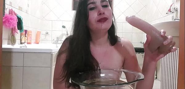  Dirty whore chocking on dildo | self piss face dunking | drinking piss | self golden shower